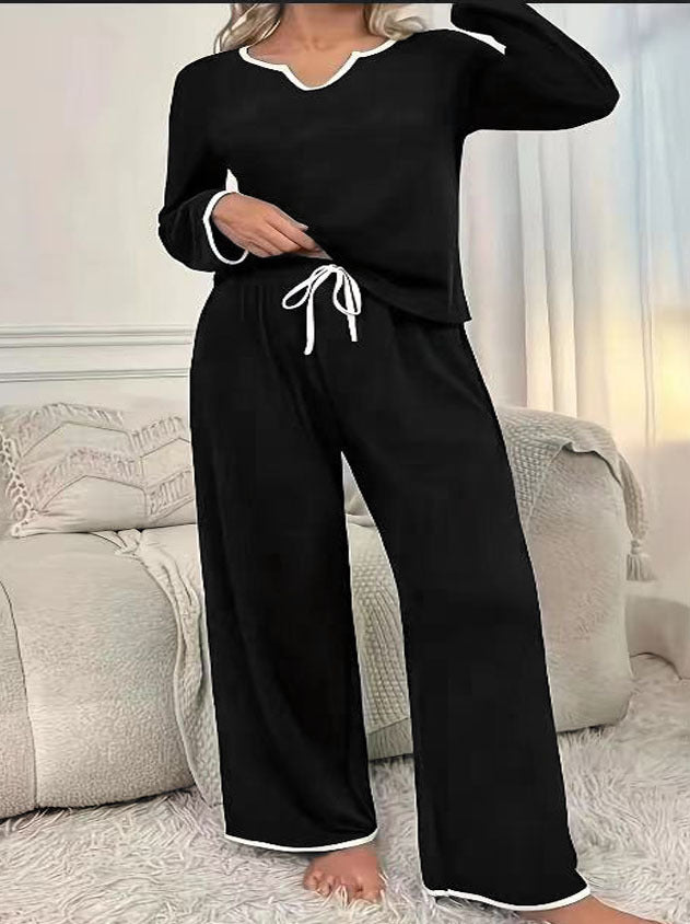 Damen Zweiteiliges Lounge-Set aus weichem Jersey mit V‑Ausschnitt, Langarm-Oberteil und weitem Palazzohosenbein – Élanora