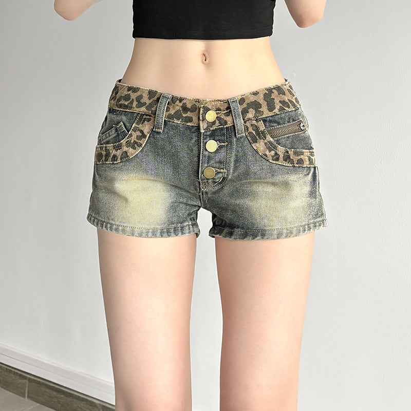 Damen Leoprint Denim-Shorts mit Knopfdetails und elastischem Bund Echo Archiv