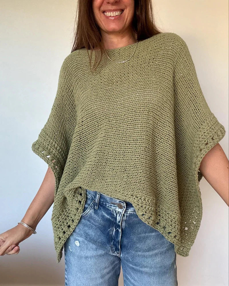 Damen Leichtes Oversize Strickponcho mit Häkelkante – Veloura