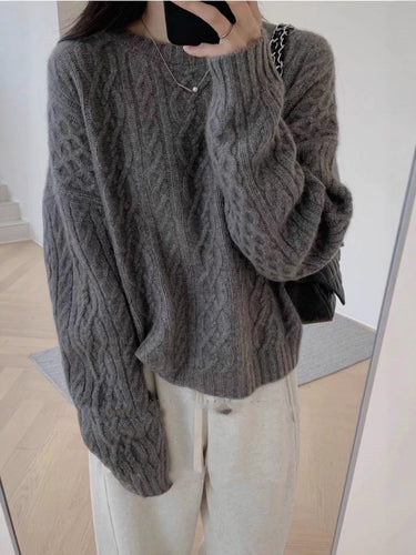 Damen Oversize Zopfmuster‑Pullover mit Rundhalsausschnitt und lässiger Schulterpartie Echoarchiv