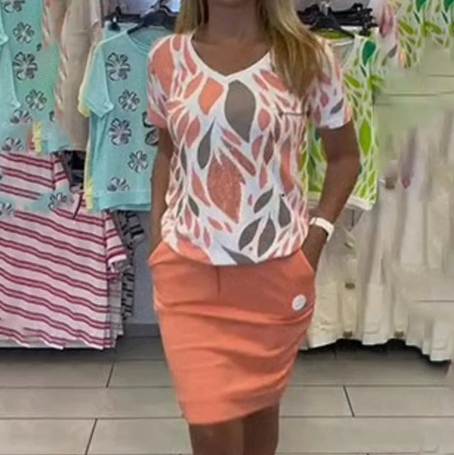 Damen nan lässiger Jersey-Zweiteiler mit bedrucktem V-Ausschnitt-Shirt und knielangem Bleistiftrock mit Eingrifftaschen Echo Archiv