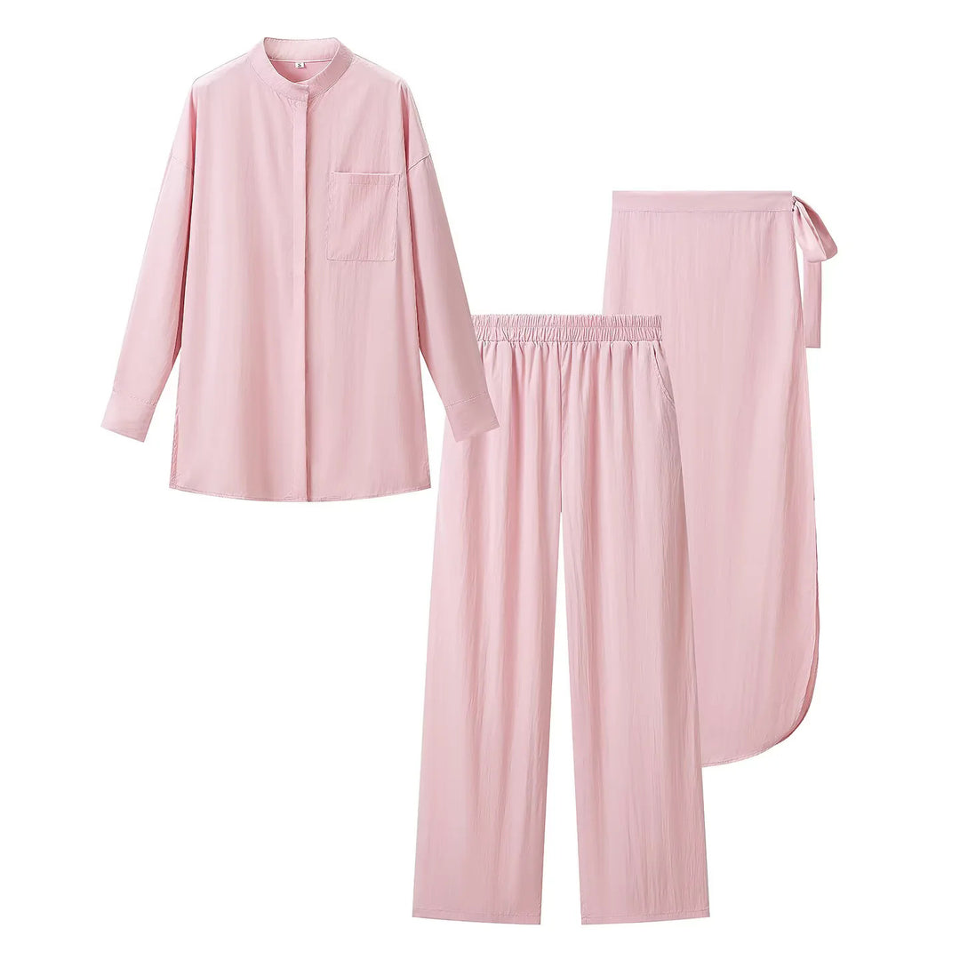 Damen nan luxuriöses Lounge-Dreiteiler-Set mit Oversize-Hemd, Elastikbund-Hose und Wickelrock Echo Archiv