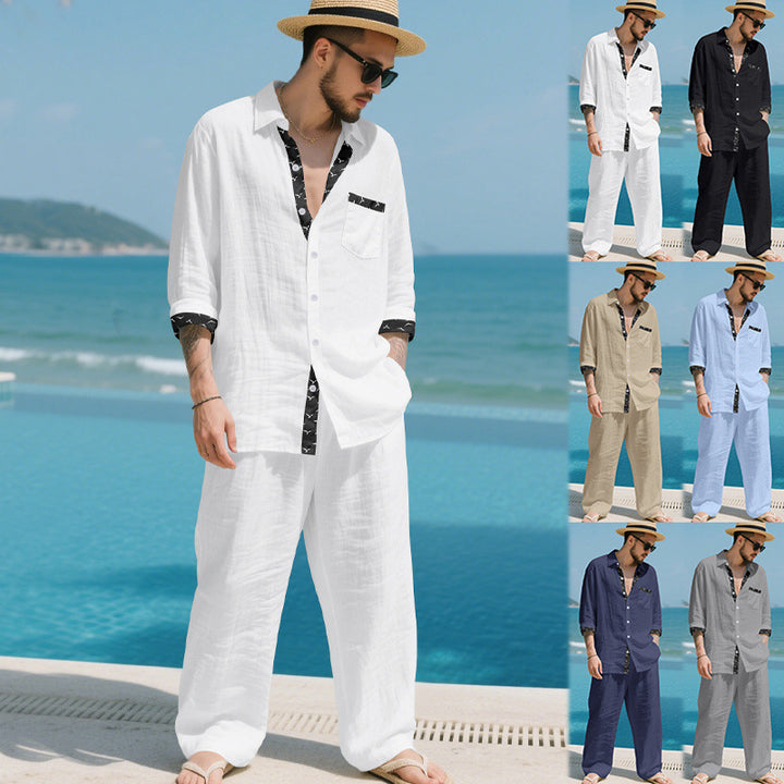 Herren Leinenoptik-Loungewear-Set mit Kordelzughose und offenem Hemdjacke – Averon