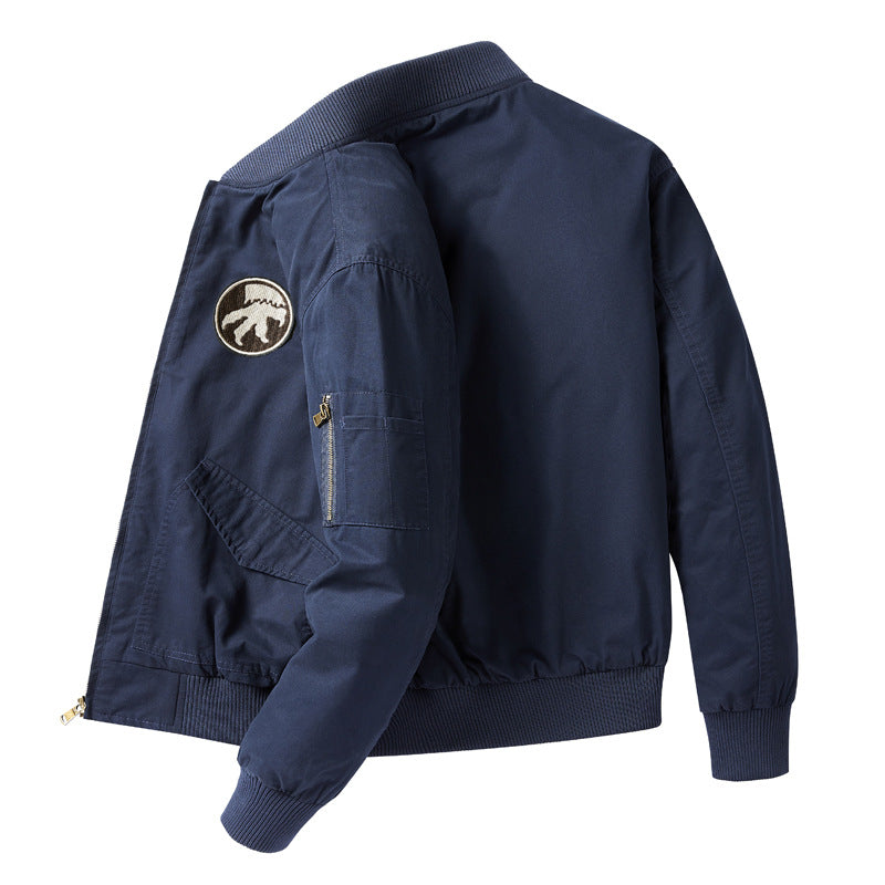 Men's short-length flight bomber jacket with embroidered shoulder patch sleeve zip pocket and ribbed collar cuffs hem – Brevano