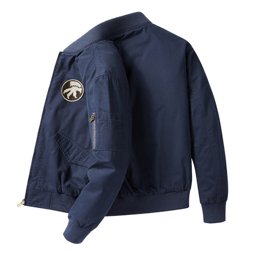 Men's short-length flight bomber jacket with embroidered shoulder patch sleeve zip pocket and ribbed collar cuffs hem – Brevano
