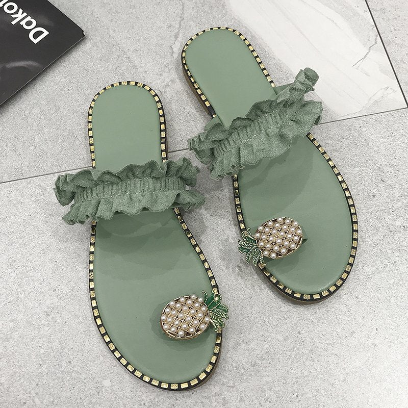 Damen nan Rüschen-Slipper mit Perlen-Ananas-Applikation und dekorativer Zierkante Echo Archiv