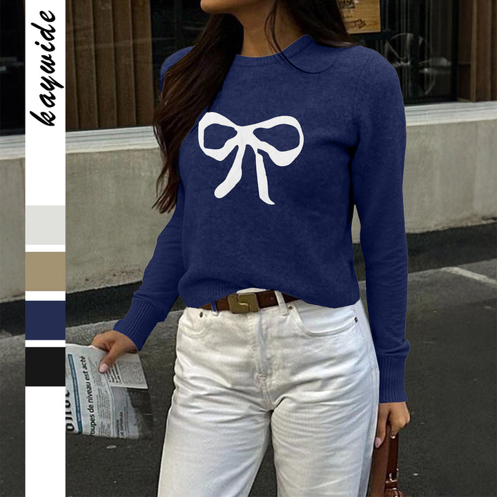 Damen Feinstrickpullover mit großem Schleifenprint, Rundhalsausschnitt und schmaler Passform – Mavelle