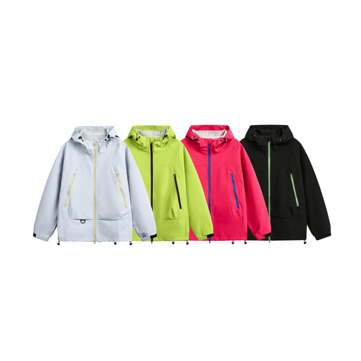 Damen Wasserdichte Softshell‑Regenjacke mit Kapuze, verstellbarem Saum und kontrastierenden Reißverschlüssen Echoarchiv