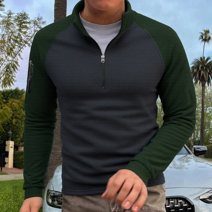 Herren slimfit Halbzip-Pullover mit Raglanärmeln, Waffelstruktur und Ärmeltasche – Marzano