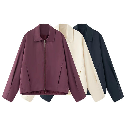 Damen leichte lässige Boxy-Blousonjacke mit verdecktem Zwei-Wege-Reißverschluss, hohem Kragen und seitlichen Eingrifftaschen – Célinea