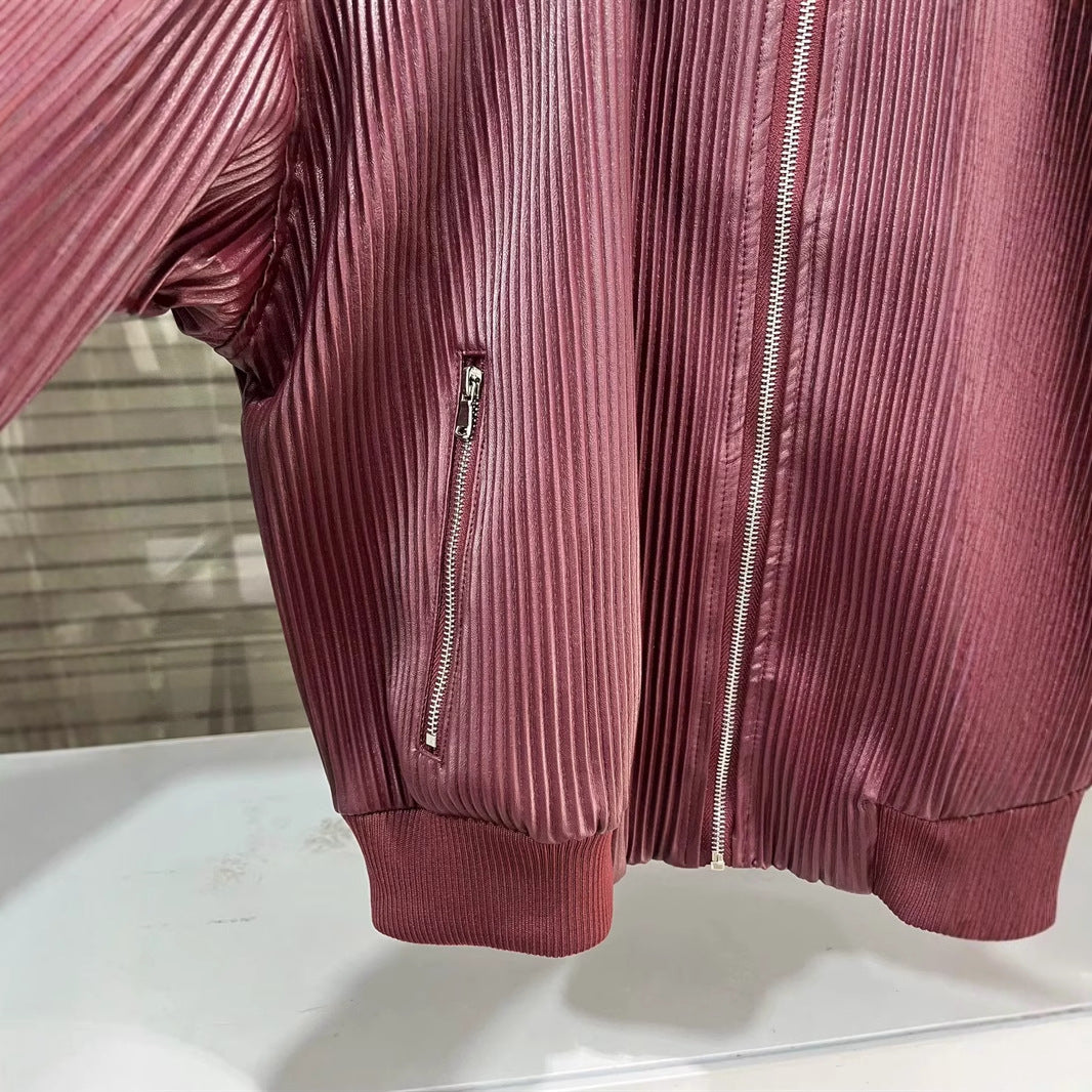 Damen nan plissierte Kunstleder-Bomberjacke mit Reißverschluss, Hemdkragen und elastischen Rippbündchen Echo Archiv