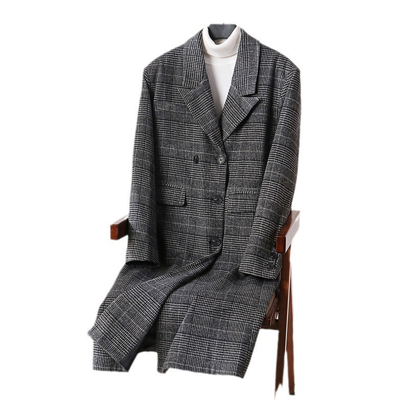 Herren Karierter Longcoat aus Wollmix mit klassischem Revers und geradem Schnitt Echoarchiv