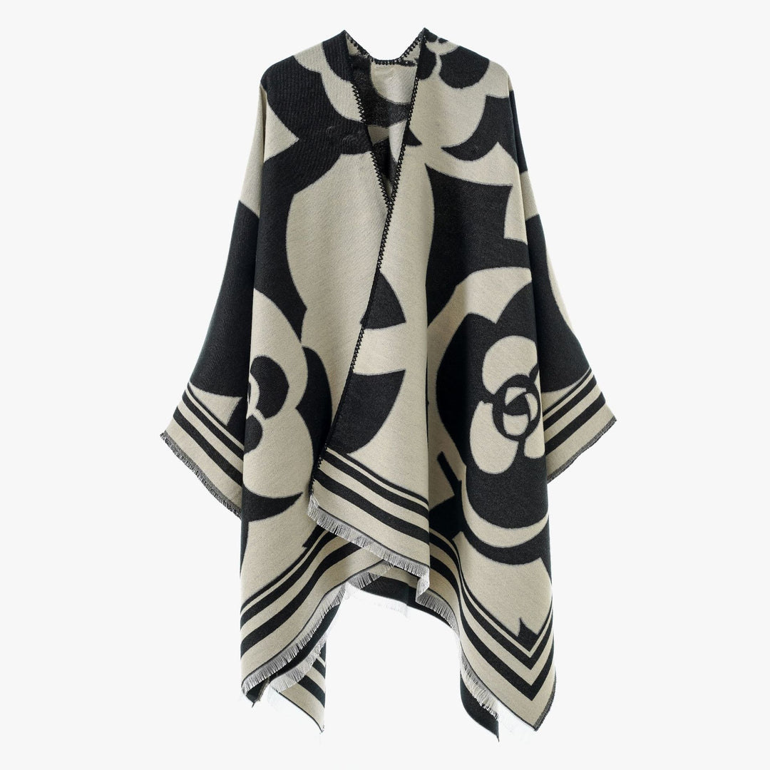 Damen Grobgewebter Jacquard-Überwurf mit großflächigem Ornamentmuster und Zierfransen – Avérine