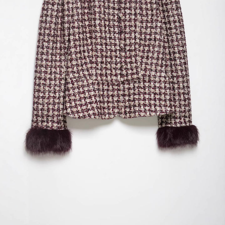 Damen Kurze Bouclé-Tweedjacke mit Stehkragen und Kunstpelzmanschetten Echo Archiv
