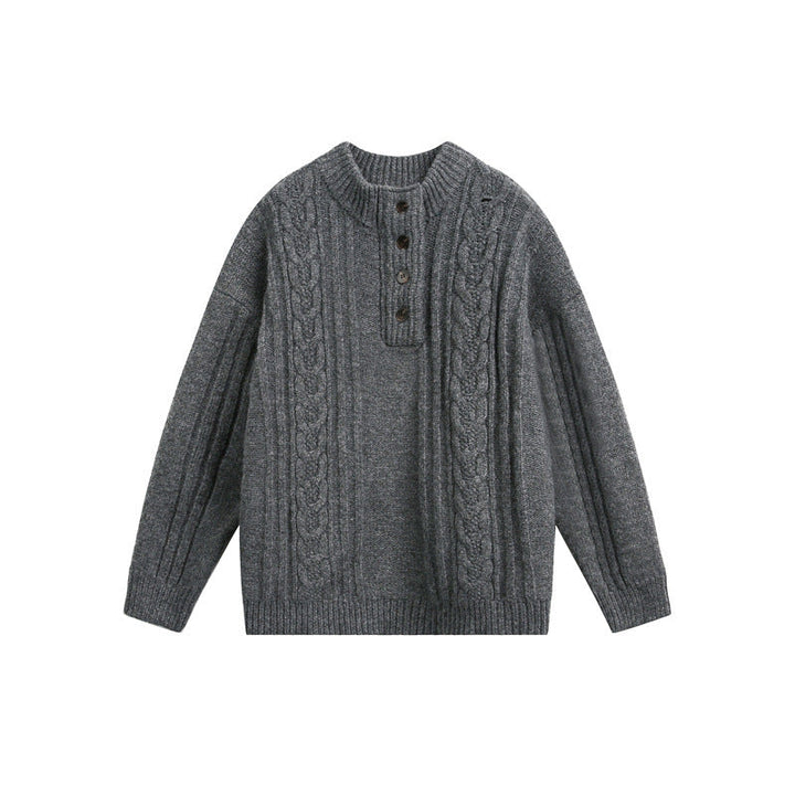 Damen Grobgestrickter Zopf‑Strickpullover mit Henley‑Knopfleiste und Stehkragen Echoarchiv