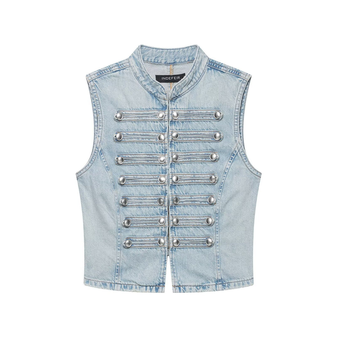 Damen Jeansweste im Military-Look mit Stehkragen und dekorativer Druckknopfleiste Echoarchiv
