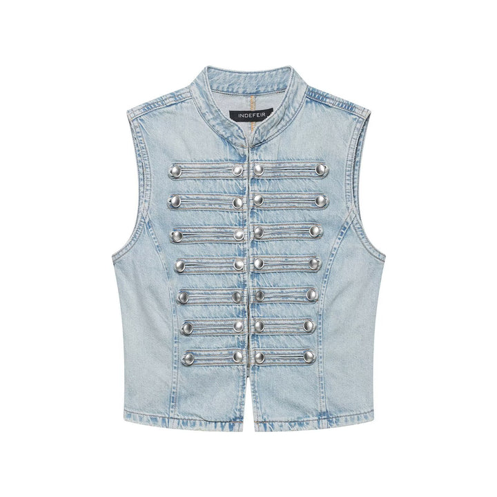 Damen Jeansweste im Military-Look mit Stehkragen und dekorativer Druckknopfleiste Echoarchiv