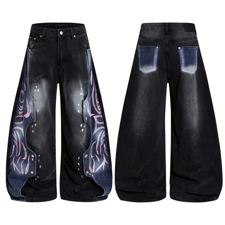 Damen High‑Waist weite Balloon‑Denim‑Culotte mit kontrastseitigen Artwork‑Paneelen Echoarchiv