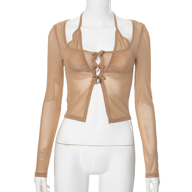 Damen langer Arm Mesh Bluse mit verstellbarem Knoten-Design Echo Archiv