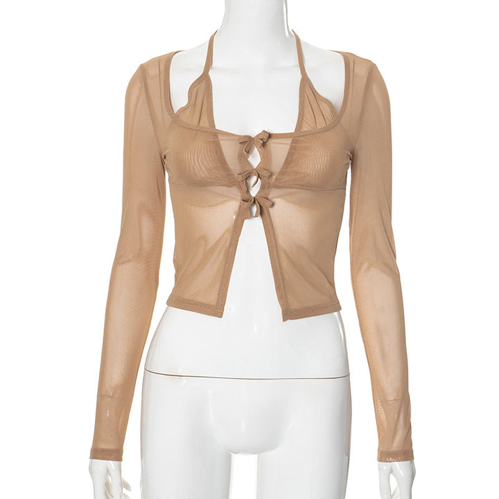 Damen langer Arm Mesh Bluse mit verstellbarem Knoten-Design Echo Archiv