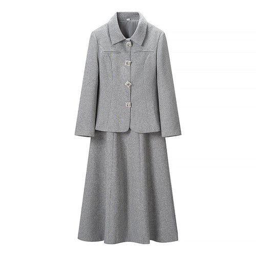 Damen Elegantes zweiteiliges Wollmisch-Kostüm mit tailliertem Kurzblazer und ausgestelltem Midirock Echo Archiv