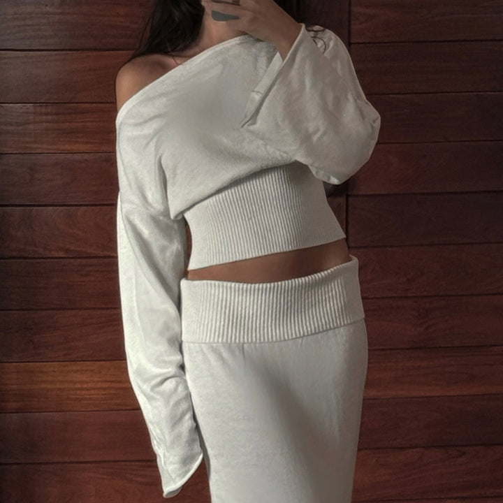 Damen Schulterfreies Rippstrick-Cropped-Top mit Taillenbund und passendem Midirock Echo Archiv