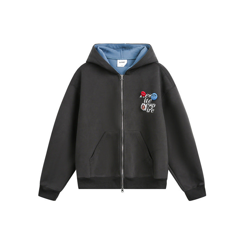 Unisex Kapuzen‑Sweatjacke mit Print‑Badges und Zweiwege‑Reißverschluss Echoarchiv