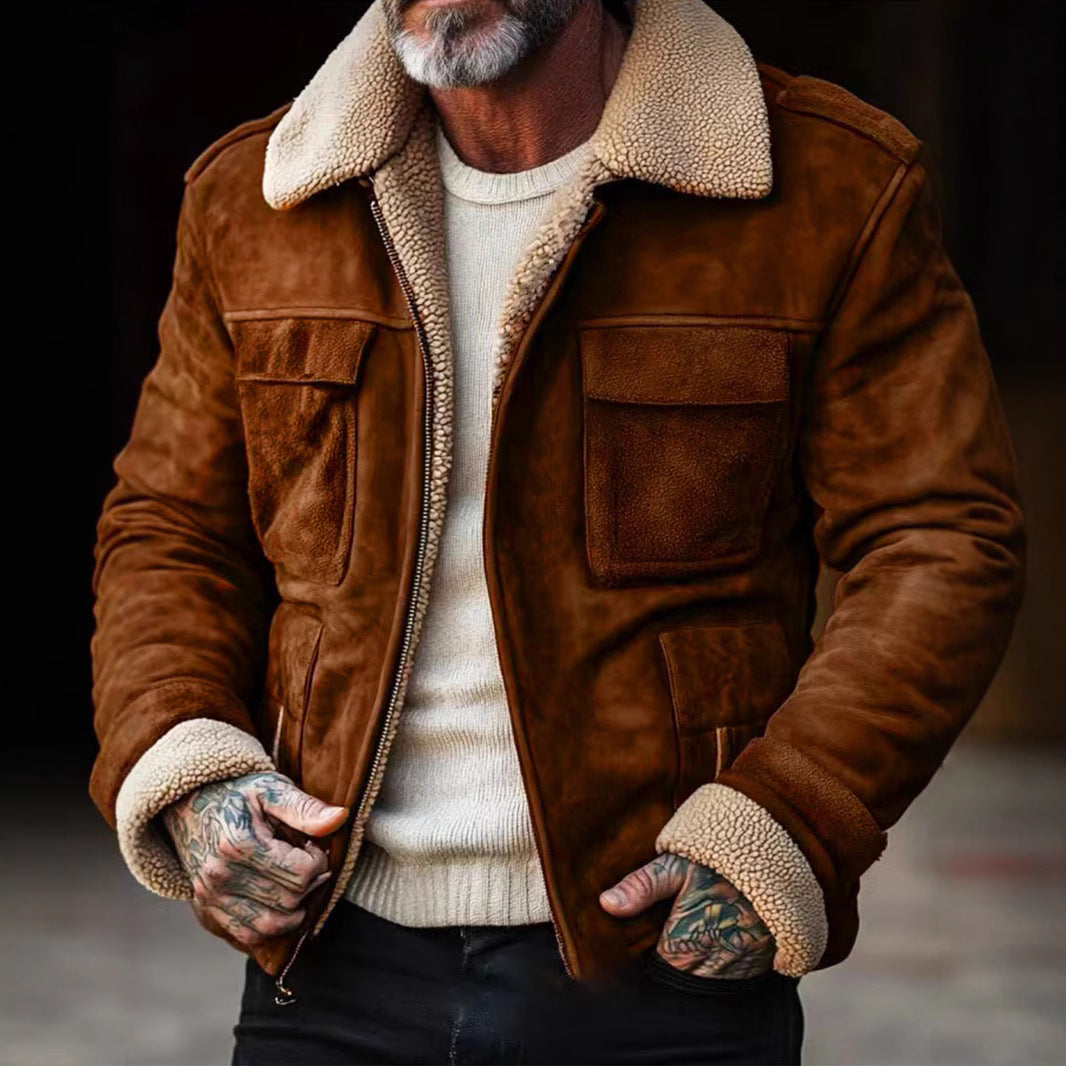 Herren nan Aviator-Lederjacke mit Lammfellimitat-Futter, aufgesetzten Brusttaschen und Reißverschluss Echo Archiv