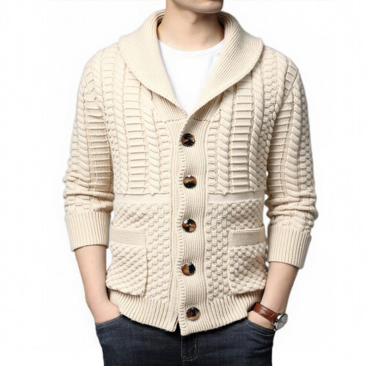 Herren modische Strickjacke mit tiefem V-Ausschnitt und stylishem Zopfdesign Echoarchiv