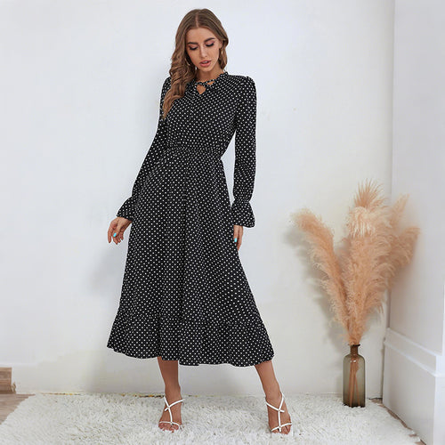 Damen Polka‑Dot Midikleid mit Schlüsselloch‑Detail, Smok‑Taille und Volantsaum – Élara