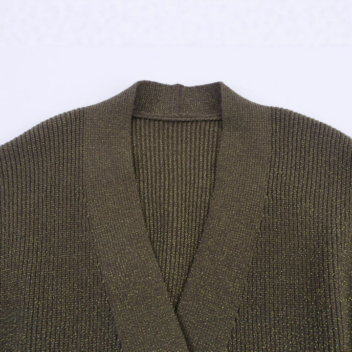 Damen Lange Strickjacke mit Bindegürtel, aufgesetzten Taschen und tiefem V-Ausschnitt Echoarchiv