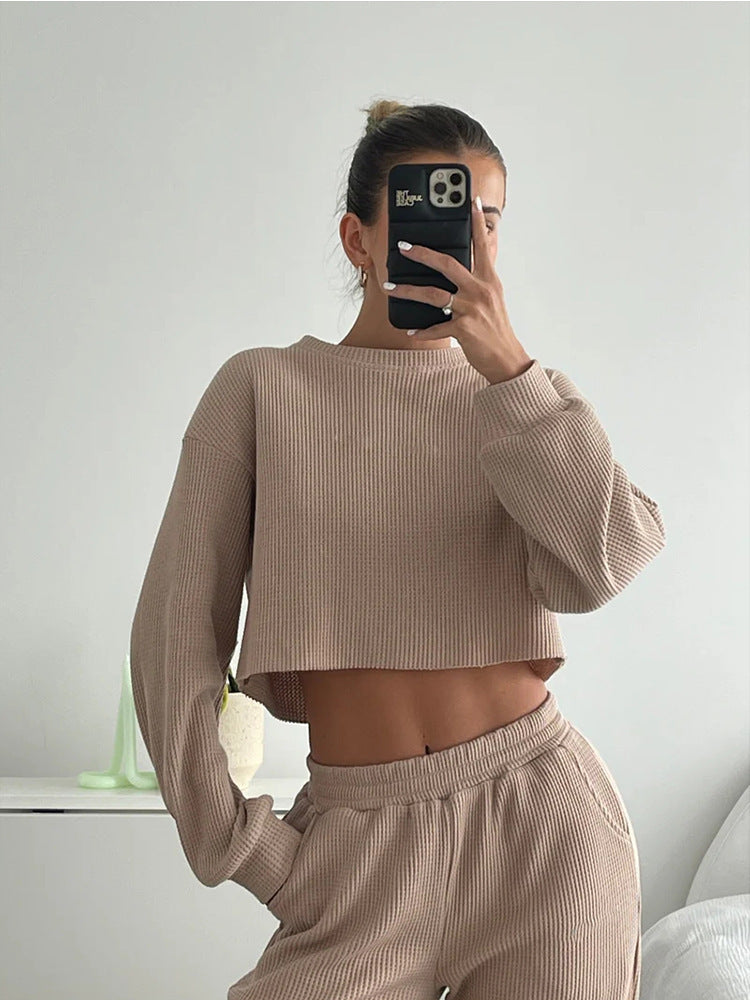 Damen geripptes Cropped-Lounge-Set mit Ballonärmeln und High-Waist Palazzo-Hose – Élanora