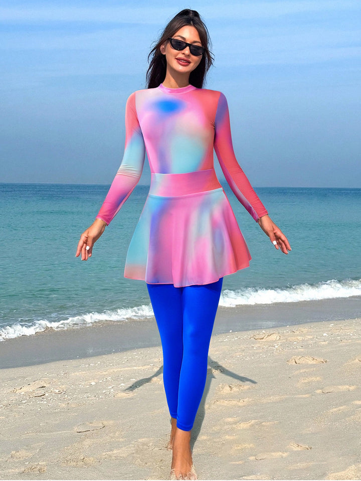 Damen modischer Schwimmanzug mit langem Arm und schwingendem Rock Echo Archiv