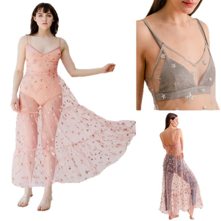 Damen Transparente Maxikleid aus Chiffon mit Sternen-Design und mehrlagigem Saum Echo Archiv