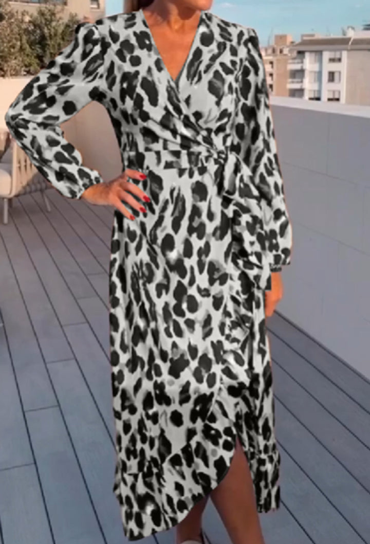 Damen nan Wickelmidikleid mit Taillenbindung, V-Ausschnitt, Ballonärmeln und asymmetrischem Saum Echo Archiv