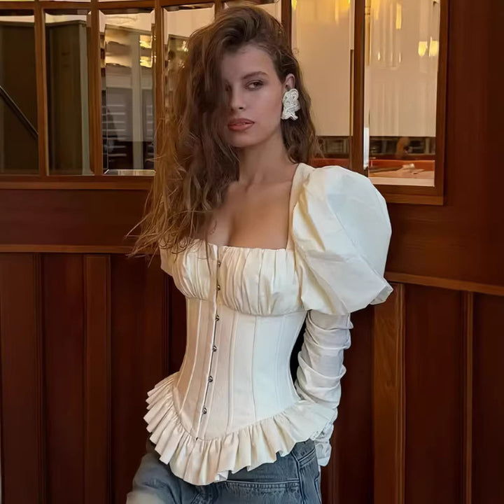 Damen Corsagenbluse mit Puffärmeln, Rüschen-Saum und Schnürdetail Echoarchiv
