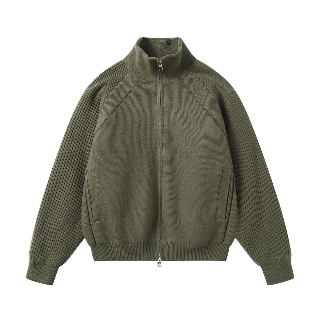 Unisex Strick-Zipjacke mit Stehkragen und gerippten Ärmeln Echoarchiv