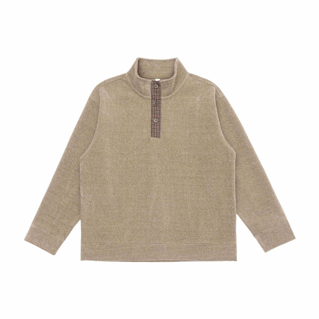 Unisex Feinstruktur-Halfzip-Pullover mit Stehkragen und karierter Knopfleiste Echoarchiv