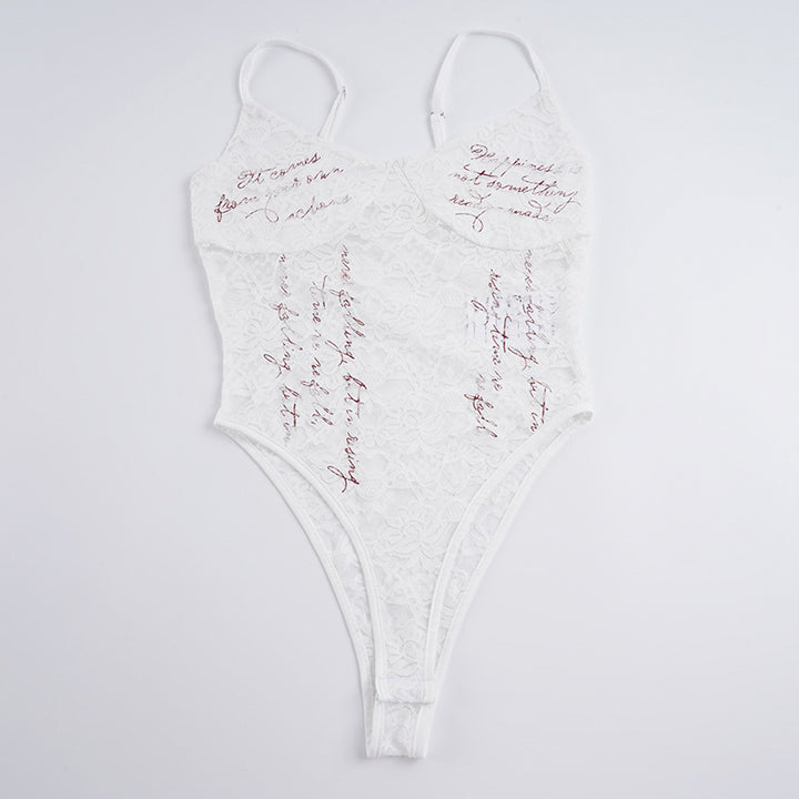 Damen Spitzen Bodysuit mit eleganten Schriftzügen Echo Archiv