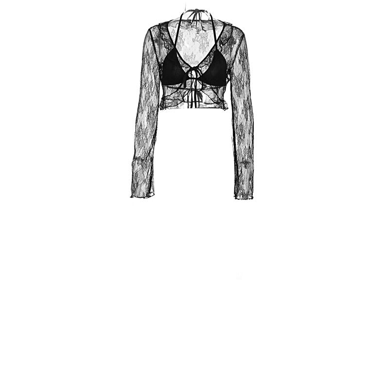 Damen Transparente Bluse mit Rüschenärmel und frechem Bindeband Echo Archiv