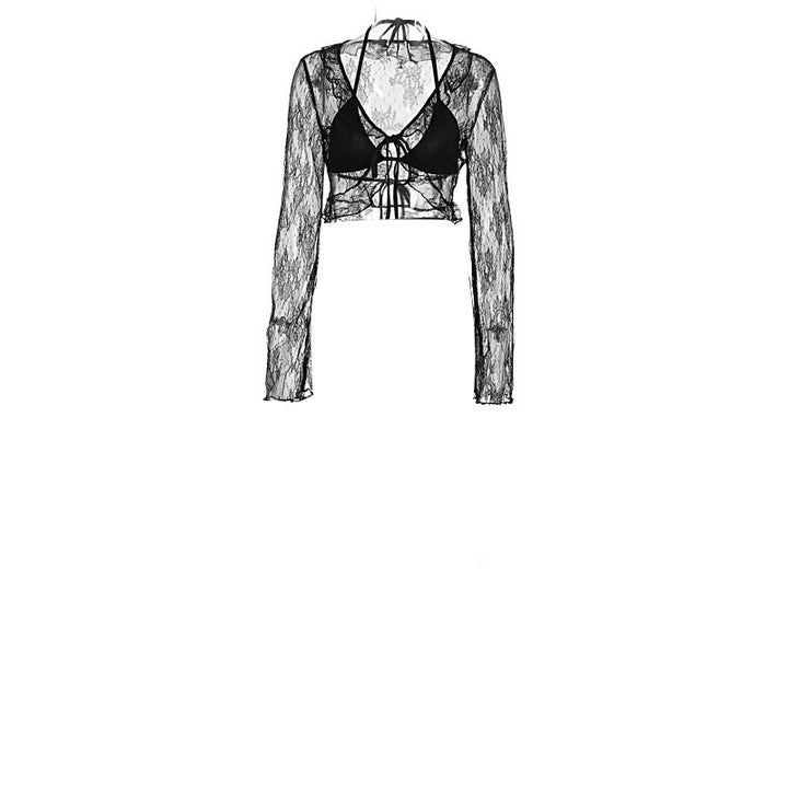 Damen Transparente Bluse mit Rüschenärmel und frechem Bindeband Echo Archiv