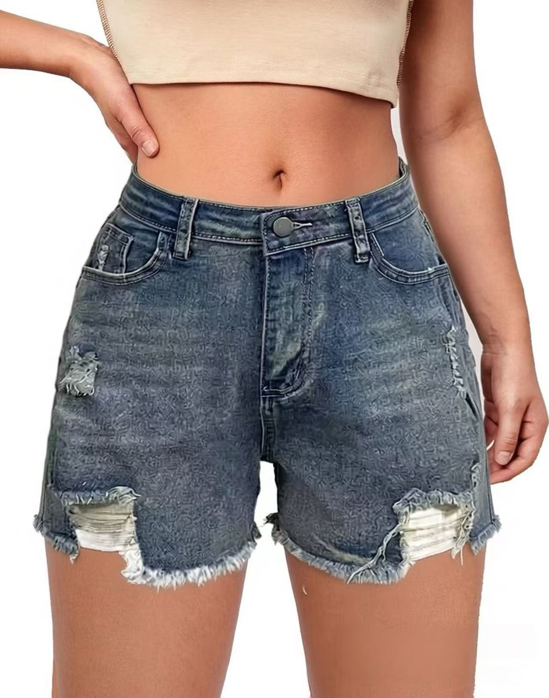 Damen lässige Destroyed Jeansshorts mit hohem Bund und fransigen Abschlüssen Echo Archiv