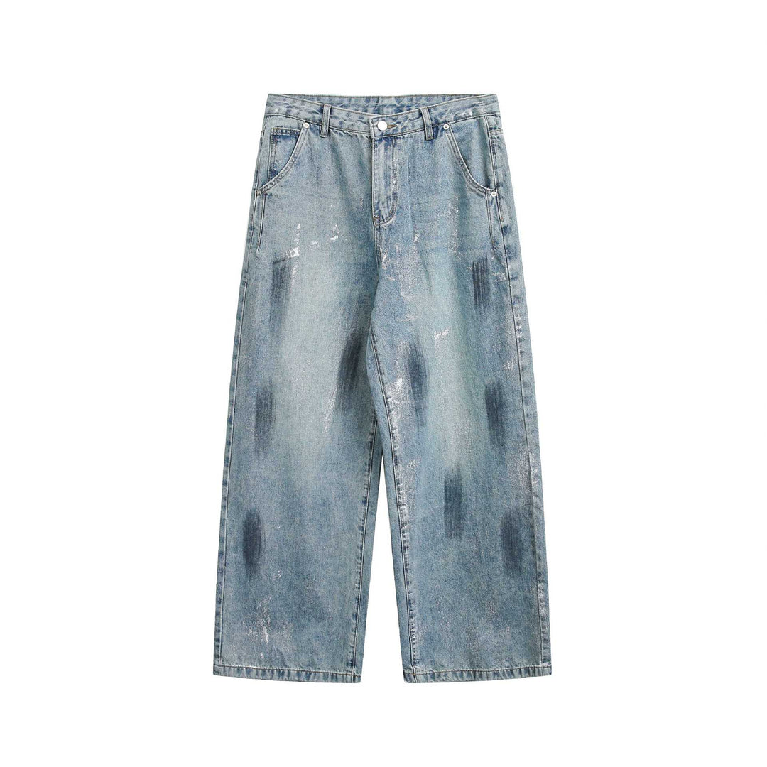 Damen weite Cropped-Jeans hochtailliert mit Used‑Effekt und Fleckoptik Echoarchiv