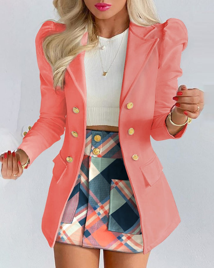 Damen Zweiteiliges karriertes Blazer- und Minirock-Set mit betonten Puffärmeln und goldenen Knöpfen – Valéne