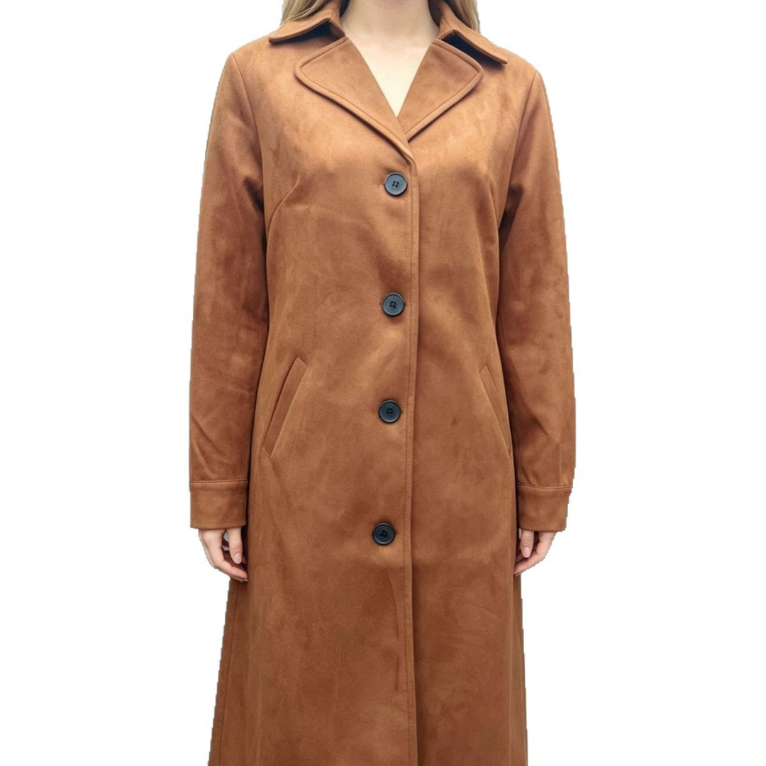 Damen langer Veloursimitat-Mantel mit klassischem Revers, markanter Knopfleiste und schrägen Eingrifftaschen – Montévia