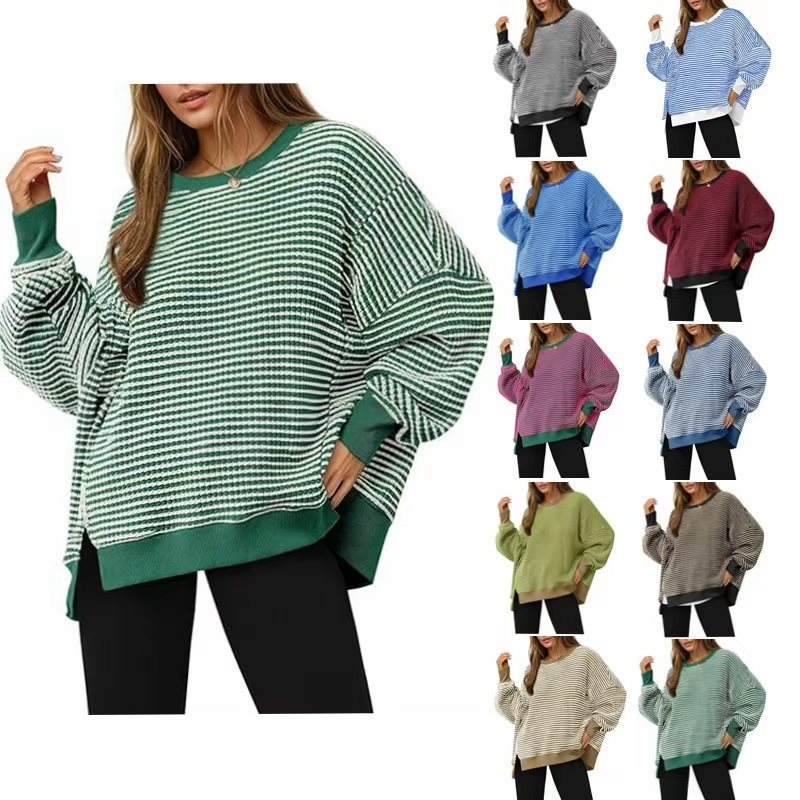 Damen Gestreifter Oversize-Sweater mit Rundhalsausschnitt und Seitenschlitzen Echo Archiv