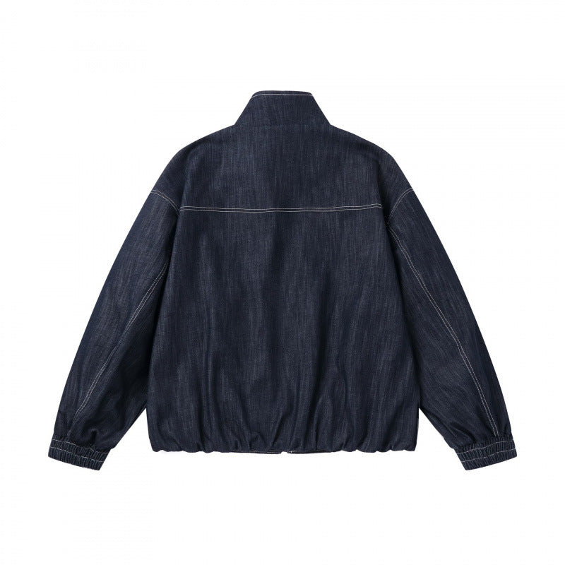 Unisex Kastenförmige Jeans-Blousonjacke mit Stehkragen, Reißverschluss und elastischem Saum Echo Archiv