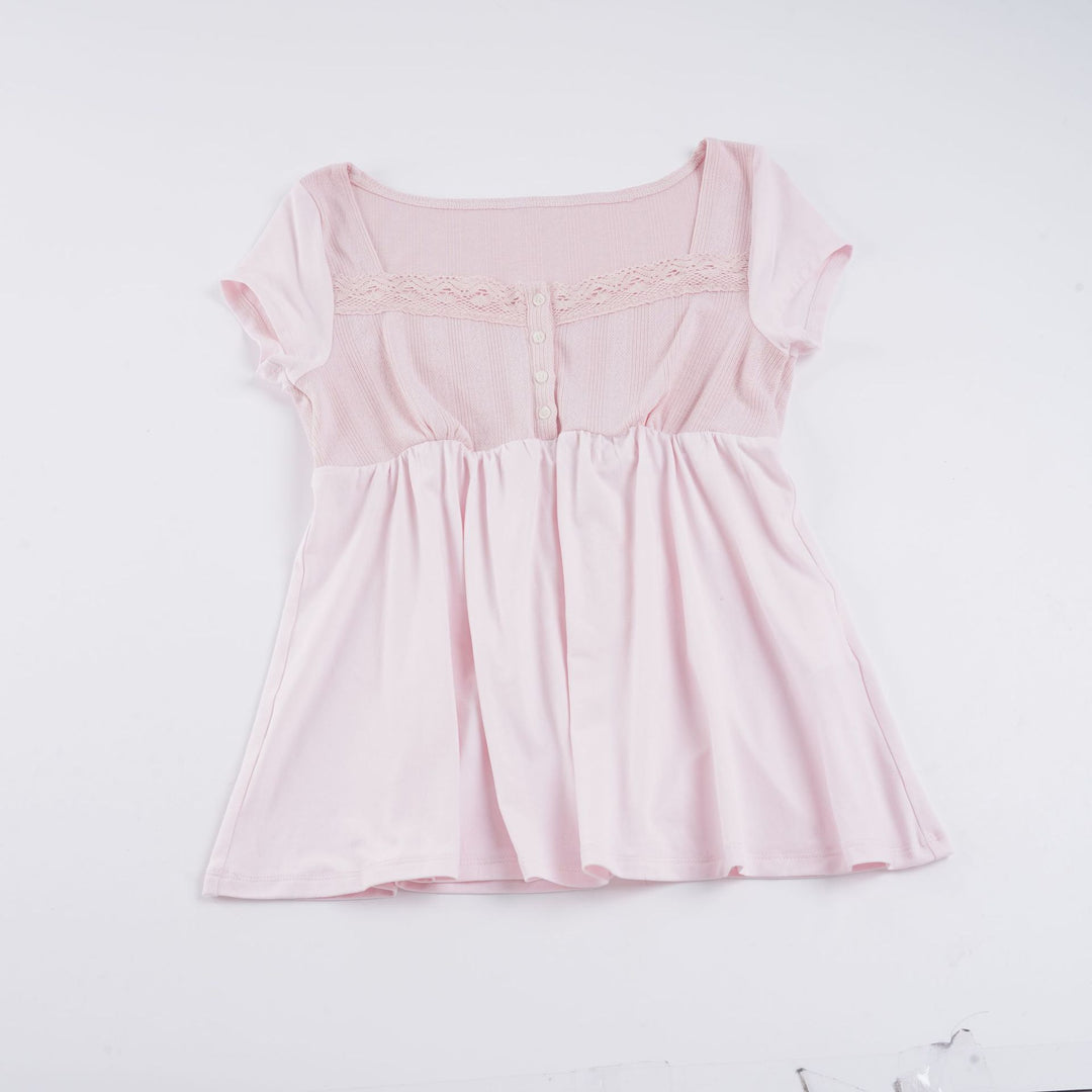 Damen lässiges T-Shirt mit Spitzenverzierung und Knopfdetails Echo Archiv