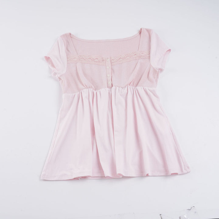 Damen lässiges T-Shirt mit Spitzenverzierung und Knopfdetails Echo Archiv