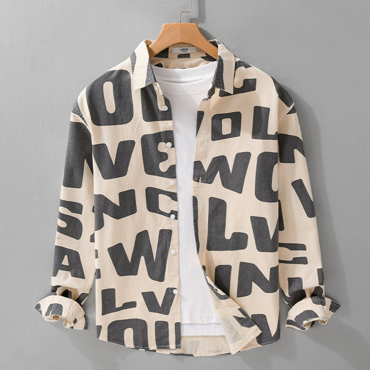 Herren Baumwoll-Overshirt mit Allover-Lettering-Print, Relaxed-Fit und Kentkragen Echoarchiv